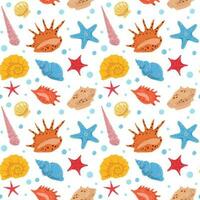 Summer seamless pattern with colorful different seashells and starfishes in flat hand drawn vector style. For design, background, textile, wallpaper, packaging