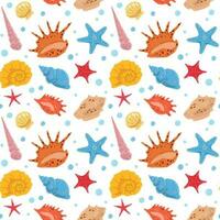 Summer seamless pattern with colorful different seashells and starfishes in flat hand drawn vector style. For design, background, textile, wallpaper, packaging