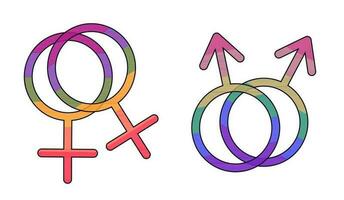 Pride LGBT gender symbols gay and lesbian in rainbow colors on white background. Supporting love freedom. Flat vector illustration.