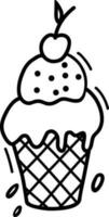 Vector ice cream for coloring books. Cute cartoon illustration of ice cream, hand-drawn. Illustration of a waffle cup with ice cream and a cherry.Cute vector black and white illustration of ice cream.