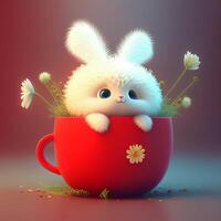 white rabbit sitting inside of a red cup. . photo