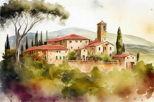 watercolor painting of a church surrounded by trees. . photo