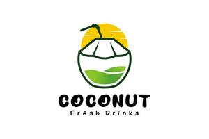 Young coconut logo design, pure natural coconut fruit drink icon vector illustration