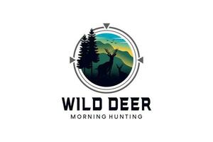 Wild deer logo design with vintage sunrise nature background vector