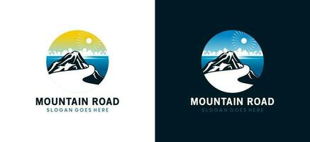 montaña la carretera logo diseño, vector ilustración de montaña devanado camino con Oceano panorama