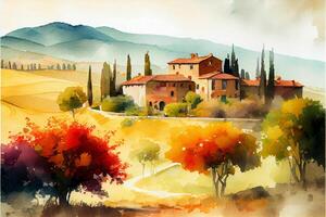 watercolor painting of a house and trees. . photo