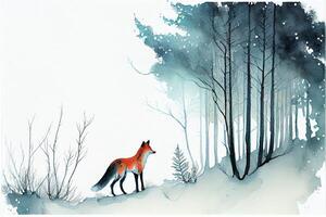 watercolor painting of a fox in the woods. . photo