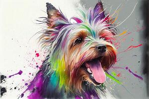painting of a dog with colorful paint splatters. . photo