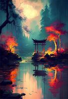 painting of a pagoda in the middle of a lake. . photo