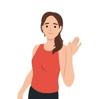 happy young woman with hand on the waist, smiling, waving hand cheerfully saying hi, hello nice to meet you. vector