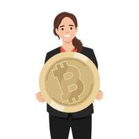 Cryptocurrency and bitcoin money concept, beautiful woman holding bitcoin, financial and investment in digital asset vector
