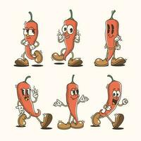 Set of Traditional Chili Pepper Cartoon Illustrations with Varied Poses and Expressions vector