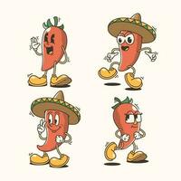 conjunto de tradicional chile pimienta dibujos animados ilustraciones con variado poses y expresiones vector