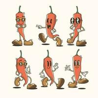 Set of Traditional Chili Pepper Cartoon Illustrations with Varied Poses and Expressions vector