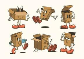 Set of Traditional Cartoon cardboard boxes Illustration with Varied Poses and Expressions vector