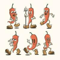 Set of Traditional Chili Pepper Cartoon Illustrations with Varied Poses and Expressions vector