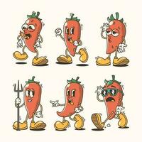 Set of Traditional Chili Pepper Cartoon Illustrations with Varied Poses and Expressions vector