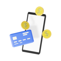 móvil teléfono con crédito tarjeta y monedas icono. dinero digital en línea compras, económico financiero concepto. 3d representación png