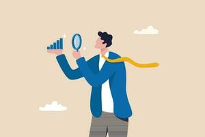 Company transparency, business analysis or report, information or statistic, search for market growth, economic or improvement concept, businessman look through magnifying glass analyze graph. vector