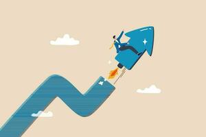 Investment growth boosting profit earning, increase market return or boost growth, growing fast, startup launch project or improvement concept, businessman riding rising up arrow with rocket booster. vector