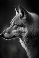 black and white photo of a wolf. .