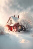 casa cubierto en nieve con un rojo puerta. generativo ai. foto