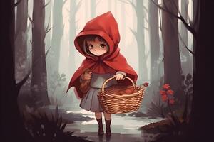 picture of little red riding hood, fairytale personage walking in the forest with basket in her hand photo