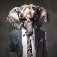 ai generado estudio retrato de negrita elefante en traje camisa y Corbata foto