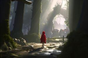 picture of little red riding hood, fairytale personage walking in the forest with basket in her hand photo