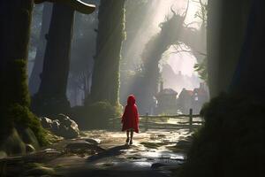 ai generado imagen de pequeño rojo montando capucha, cuento de hadas personaje caminando en el bosque con cesta en su mano foto