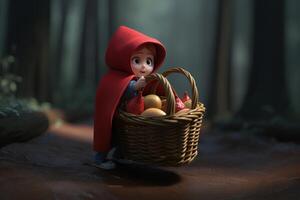 picture of little red riding hood, fairytale personage walking in the forest with basket in her hand photo