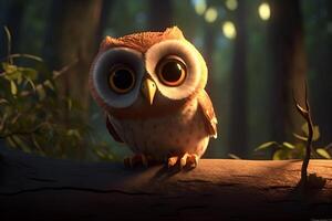 closeup portrait of cartoon pixar 3d owl sitting on the branchowl photo