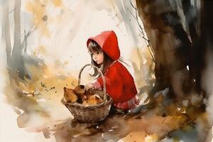 picture of little red riding hood, fairytale personage walking in the forest with basket in her hand photo