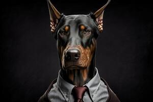 studio portrait of bold angry doberman dog in suit shirt and tie wearing sunglasses photo