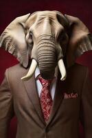 ai generado estudio retrato de negrita elefante en traje camisa y Corbata foto