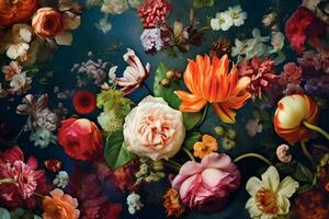vintage tender flowers in different colors with free space on the left photo
