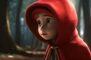 picture of little red riding hood, fairytale personage walking in the forest with basket in her hand photo