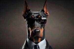 studio portrait of bold angry doberman dog in suit shirt and tie wearing sunglasses photo