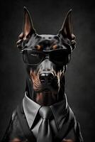 studio portrait of bold angry doberman dog in suit shirt and tie wearing sunglasses photo