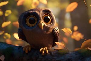 closeup portrait of cartoon pixar 3d owl sitting on the branchowl photo