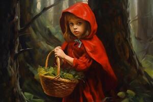 picture of little red riding hood, fairytale personage walking in the forest with basket in her hand photo