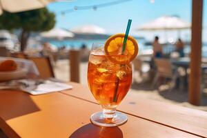 ai generado vaso de Fresco aperol rociar en de madera mesa a bar y playa foto