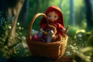 picture of little red riding hood, fairytale personage walking in the forest with basket in her hand photo