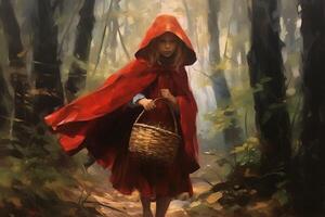 ai generado imagen de pequeño rojo montando capucha, cuento de hadas personaje caminando en el bosque con cesta en su mano foto