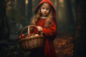 picture of little red riding hood, fairytale personage walking in the forest with basket in her hand photo