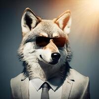 Studio portrait of angry bold wolf in suit, shirt, tie photo