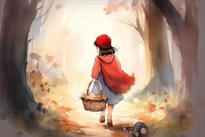 ai generado imagen de pequeño rojo montando capucha, cuento de hadas personaje caminando en el bosque con cesta en su mano foto