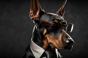 studio portrait of bold angry doberman dog in suit shirt and tie wearing sunglasses photo