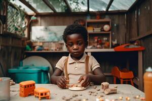 ai generado linda pequeño niño jugando en montessori niños desarrollo centrar foto