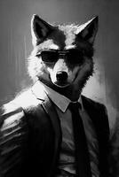 Studio portrait of angry bold wolf in suit, shirt, tie photo